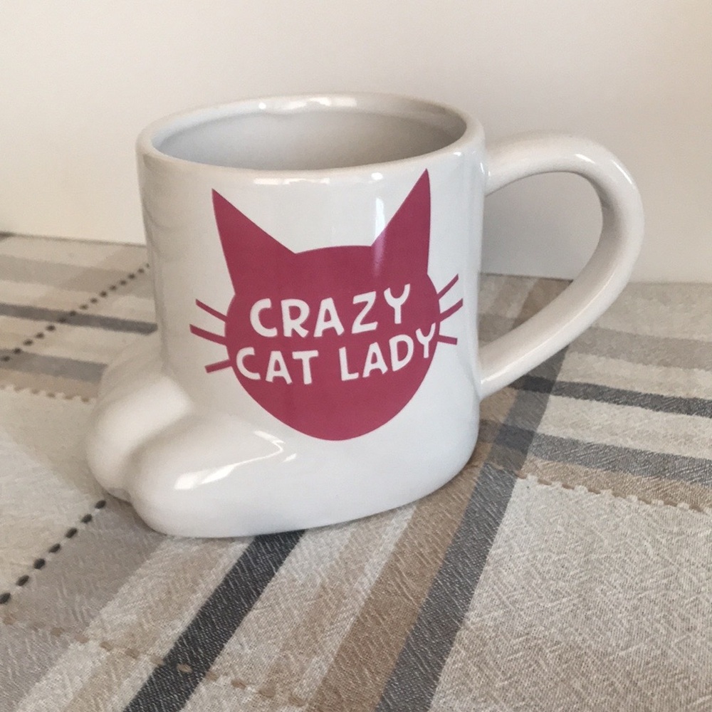 Big Mouth Crazy Cat Lady Cat Paw Coffee Tea Ceramic Mug White Pink 20oz Drink